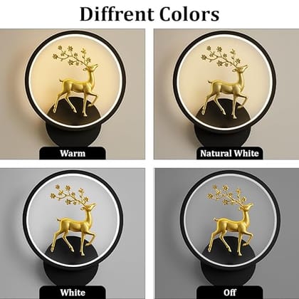 Round LED Wall Light with Golden Deer Decor – 4 Color Modes, Creative Flush Mount Wall Lamp for Bedroom, Living Room, Hallway & Interior Décor | Energy-Efficient Wall Sconce