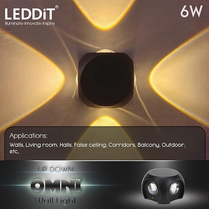 6-Watt Omni 4 Way Up Down (4 Multi-Directional Glow) Wall Light with Aluminium IP65 Waterproof Body, Warm White, Pack of 1