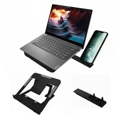 Laptop Stand Adjustable 7 Level Portable Laptop Stand with Mobile Holder, Adjustable Height, Foldable Design, (Set of 1) Black