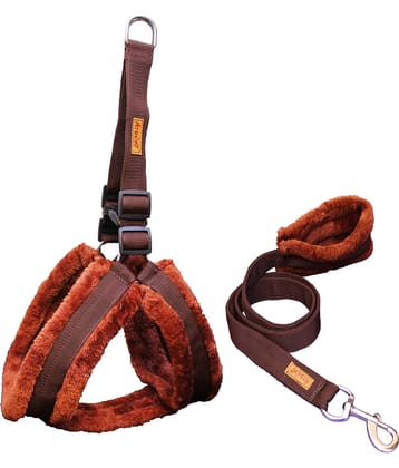 Petshop7 Premium Qaulity Fur Padded Nylon Dog Harness & Leash Set  Large (Chest Size - 28- 35inch) Brown