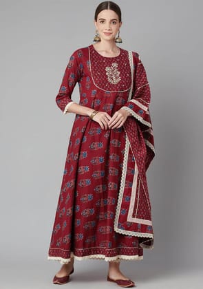 Red Floral Anarkali Cotton Kurta Pant Set with Dupatta-XS