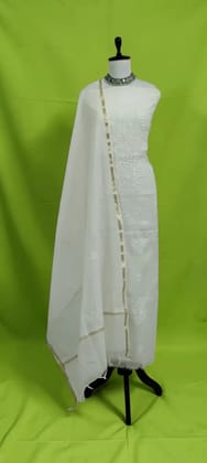 White Mul Cotton Chikankari Dress Material with Dupatta, Hand Embroidered White Mul Cotton Chikankari Dress Material with Dupatta, Hand Embroidered
