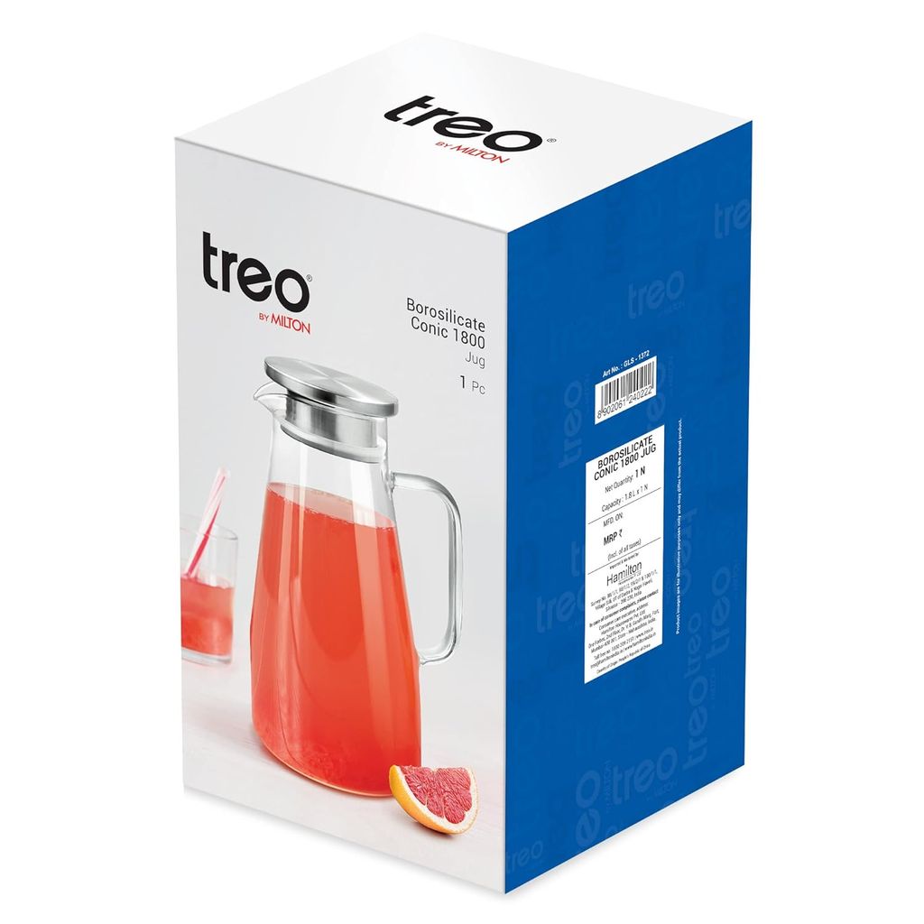 Treo By Milton Conic Borosilicate Glass Jug, 1800 ml, Transparent | Serve Water | Beverages | Iced Tea | Juices | Cocktail | Milk | Chaas | Shakes