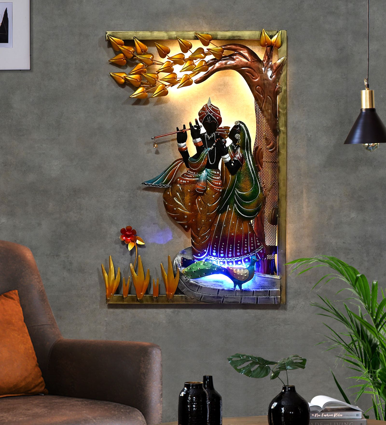 Indraj Premium Craft Handcrafted Radhe Krishna Metal Wall Art Tree L Frame with LED lights | For Guest Room-30 Inch Height- Spiritual Decor