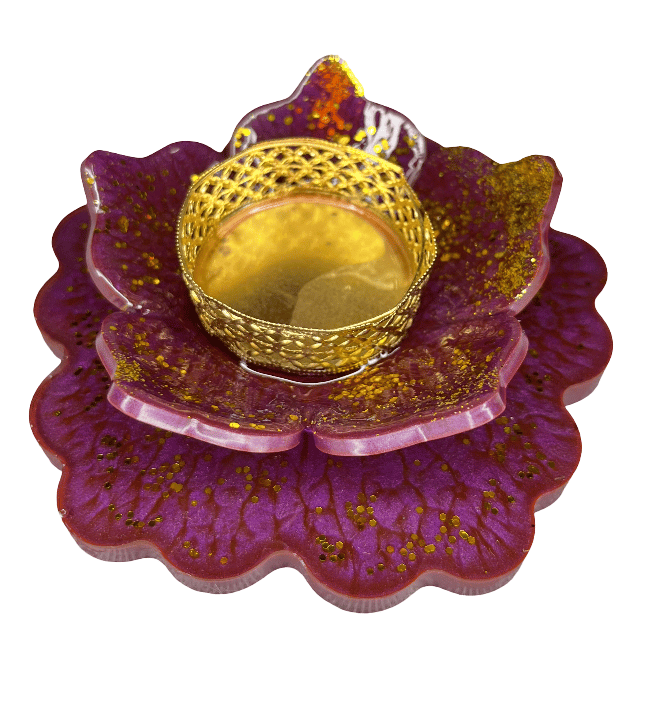Purple Flower-Shaped Candle Holder with Gold Accents