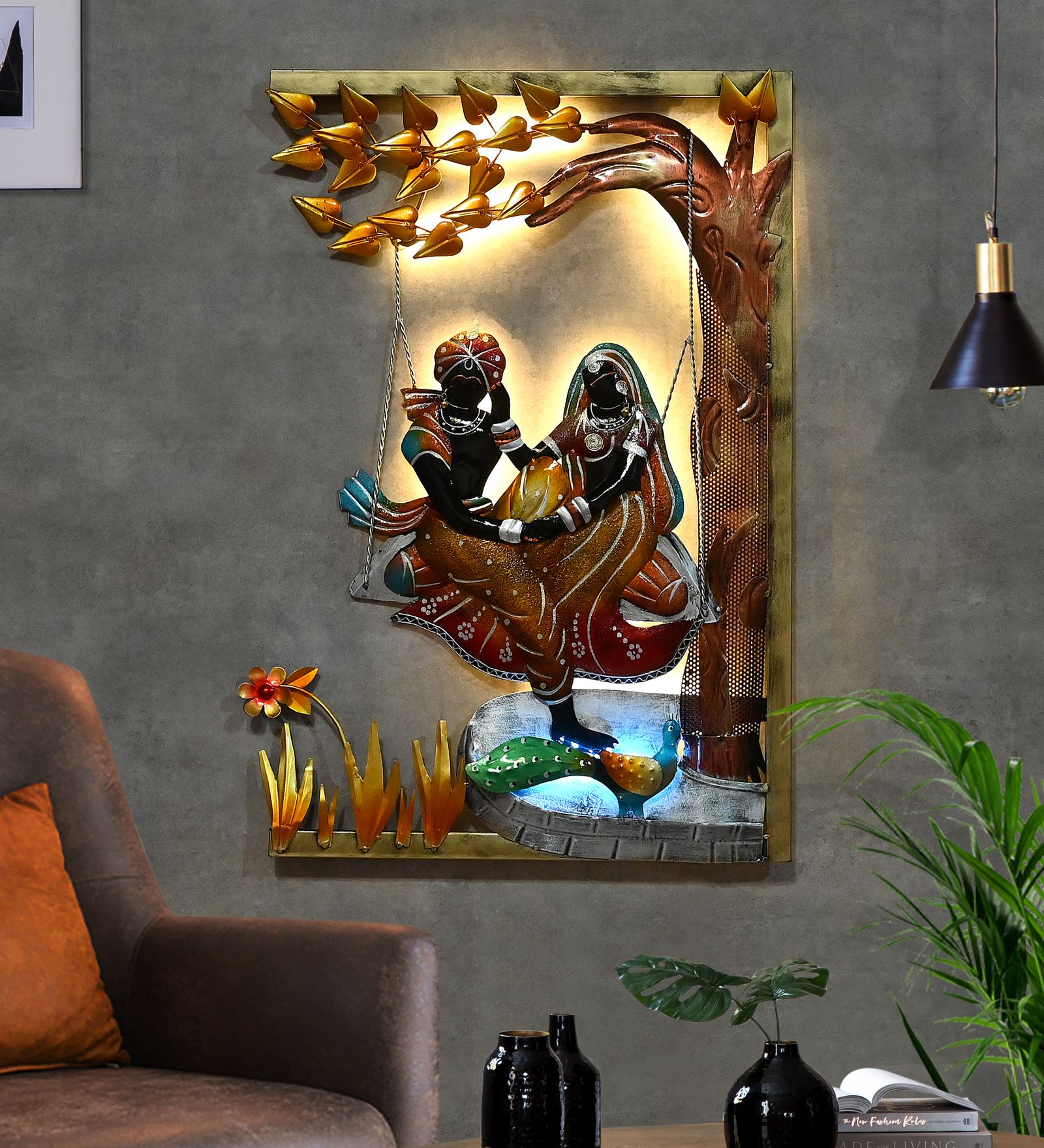 Indraj Premium Craft Handcrafted Radhe Krishna On Jhula Metal Wall Art Tree with LED | For Guest Room, 30 Inch Height- Spiritual Decor