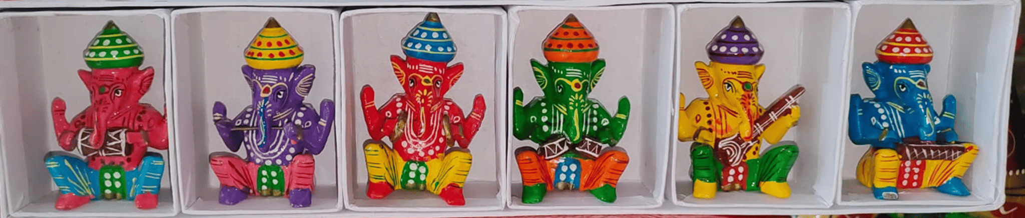 Hand-Painted Ganesha Figurines - Set of 6 Colorful Decorative Items