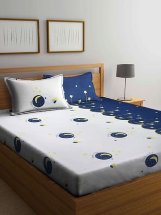 Blue & White Graphic 300 TC King Bedsheet with 2 Pillow Covers