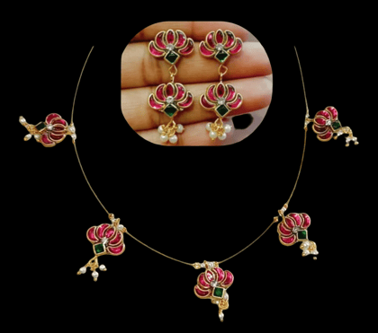 Elegant pink and green Floral Jewelry Set with Earrings & Necklace