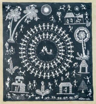 WARLI PAINTING ON CLOTH 17x16