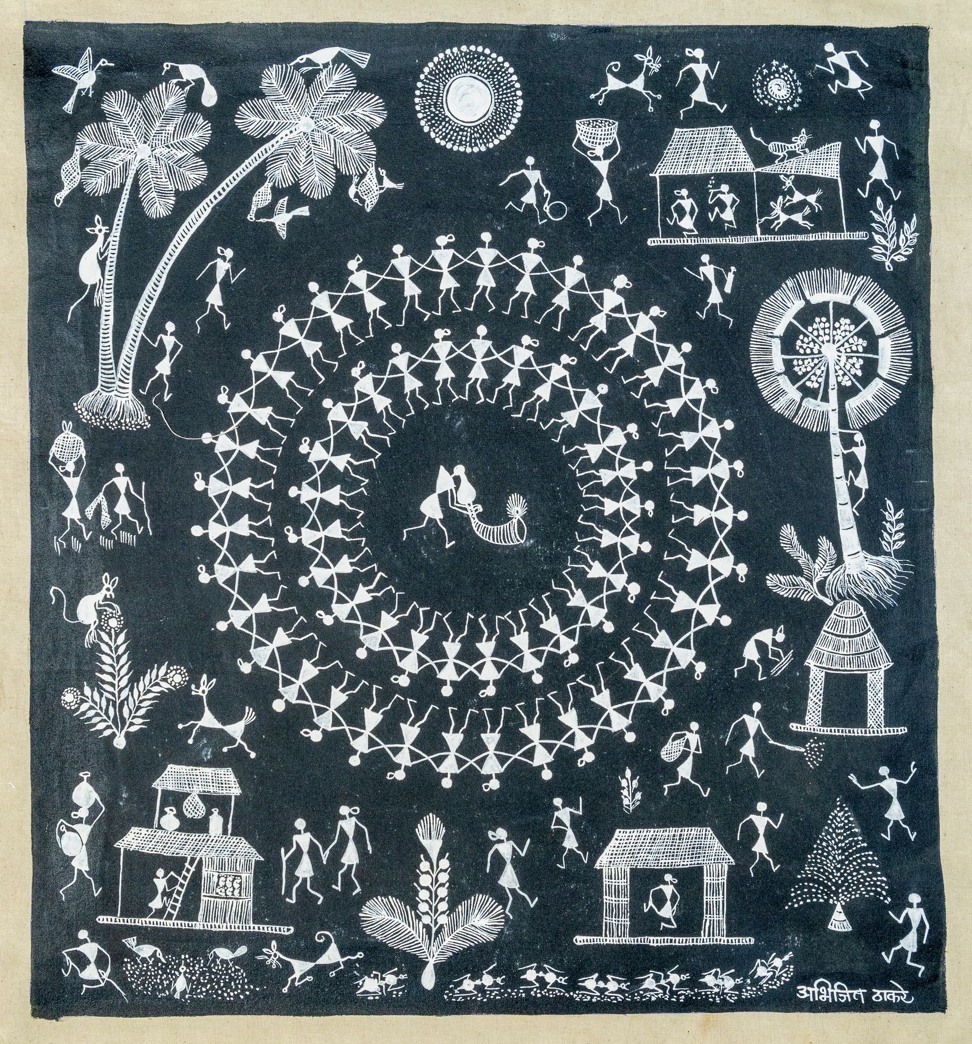 WARLI PAINTING ON CLOTH 17x16