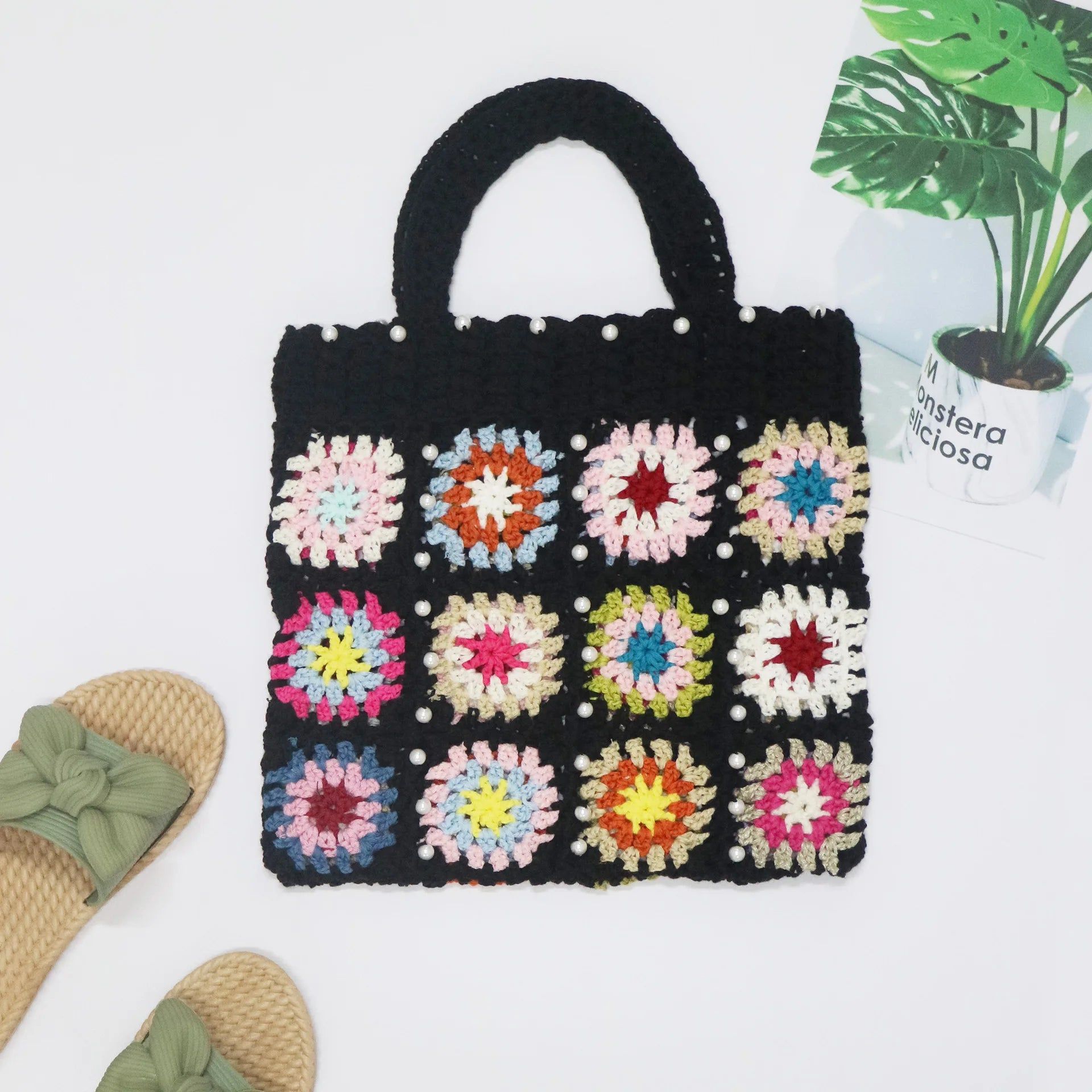 Factory Supply Women Large Tote Bag Beach Granny Square Crochet Handmade Bag