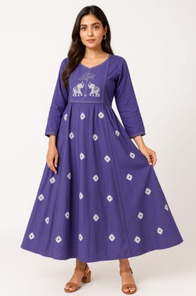 Women's Purple Flared Cotton Kurta with Embroidered Motifs