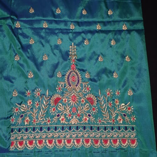 Teal Silk Fabric with Gold Embroidery - Perfect for Ethnic Wear