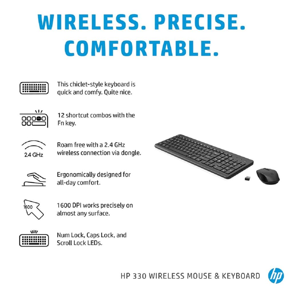 HP 330 Wireless Black Keyboard and Mouse Set with Numeric Keypad, 2.4GHz Wireless combo (unboxed)