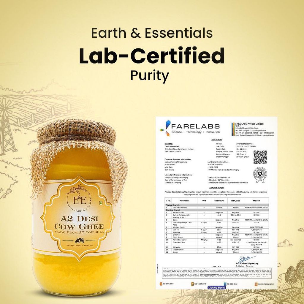 Earth and Essentials A2 Bilona Desi Cow Ghee (1000ml) - 100% Pure & Healthy Farm Fresh Gir Cow Ghee | Rich in Nutrients & Antioxidant I Lab Tested I Boost Immunity, Easy to Digest, Lowers Cholesterol