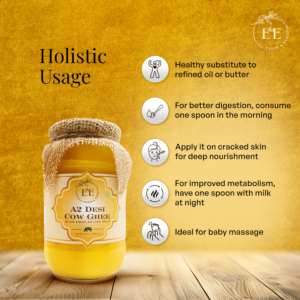 Earth and Essentials A2 Bilona Desi Cow Ghee (1000ml) - 100% Pure & Healthy Farm Fresh Gir Cow Ghee | Rich in Nutrients & Antioxidant I Lab Tested I Boost Immunity, Easy to Digest, Lowers Cholesterol