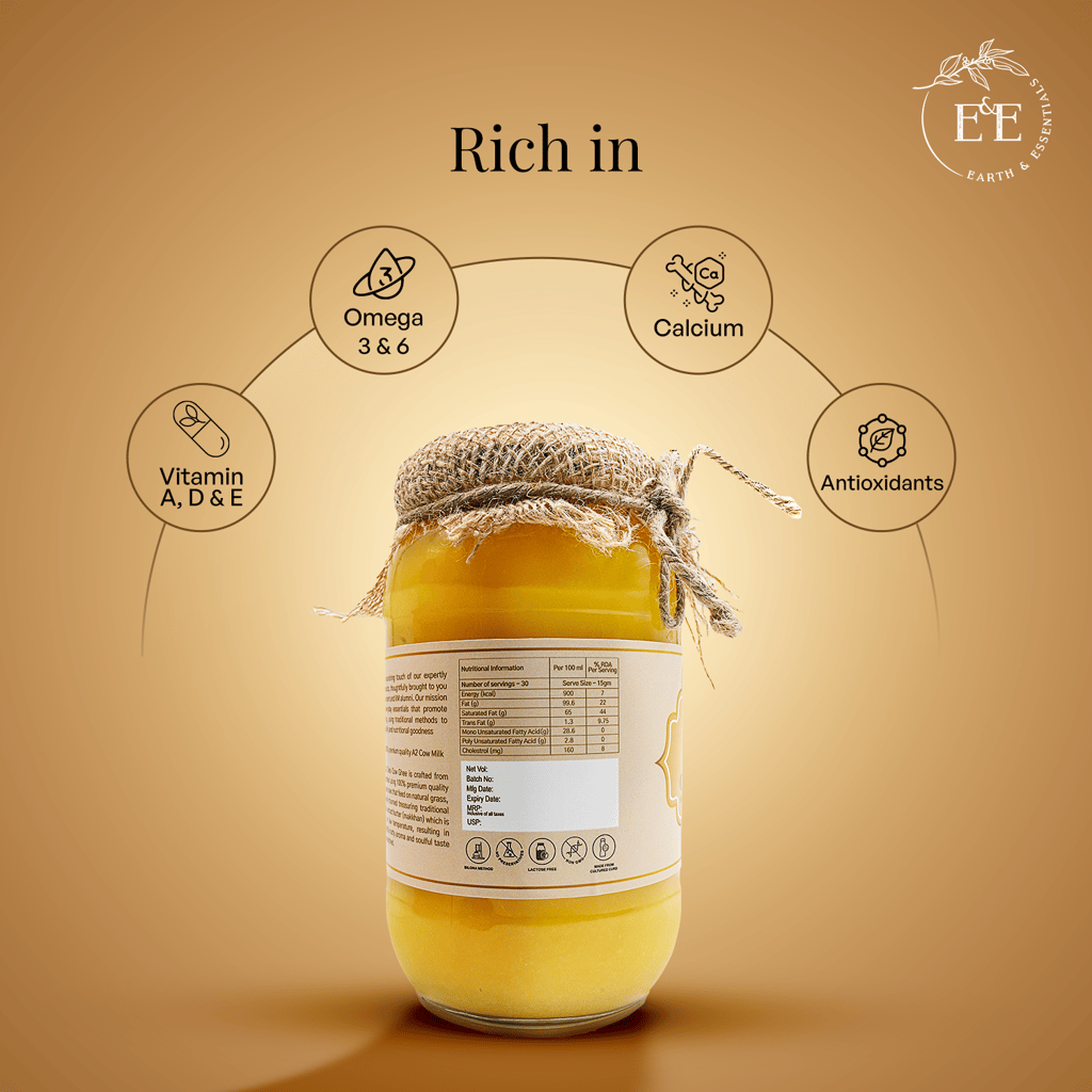 Earth and Essentials A2 Bilona Desi Cow Ghee (1000ml) - 100% Pure & Healthy Farm Fresh Gir Cow Ghee | Rich in Nutrients & Antioxidant I Lab Tested I Boost Immunity, Easy to Digest, Lowers Cholesterol