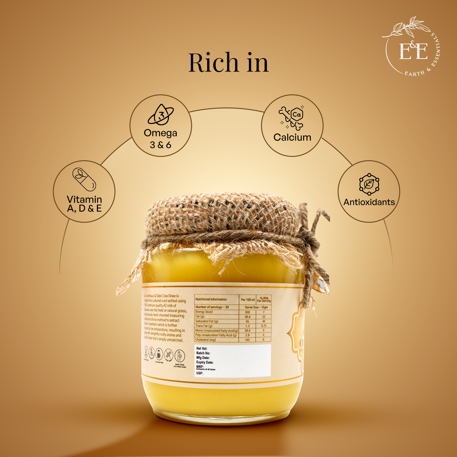 Earth and Essentials A2 Bilona Desi Cow Ghee (500ml) - 100% Pure & Healthy Farm Fresh Gir Cow Ghee | Rich in Nutrients & Antioxidant I Lab Tested I Boost Immunity, Easy to Digest, Lowers Cholesterol