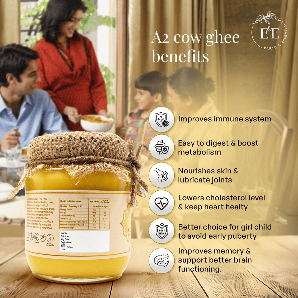 Earth and Essentials A2 Bilona Desi Cow Ghee (500ml) - 100% Pure & Healthy Farm Fresh Gir Cow Ghee | Rich in Nutrients & Antioxidant I Lab Tested I Boost Immunity, Easy to Digest, Lowers Cholesterol