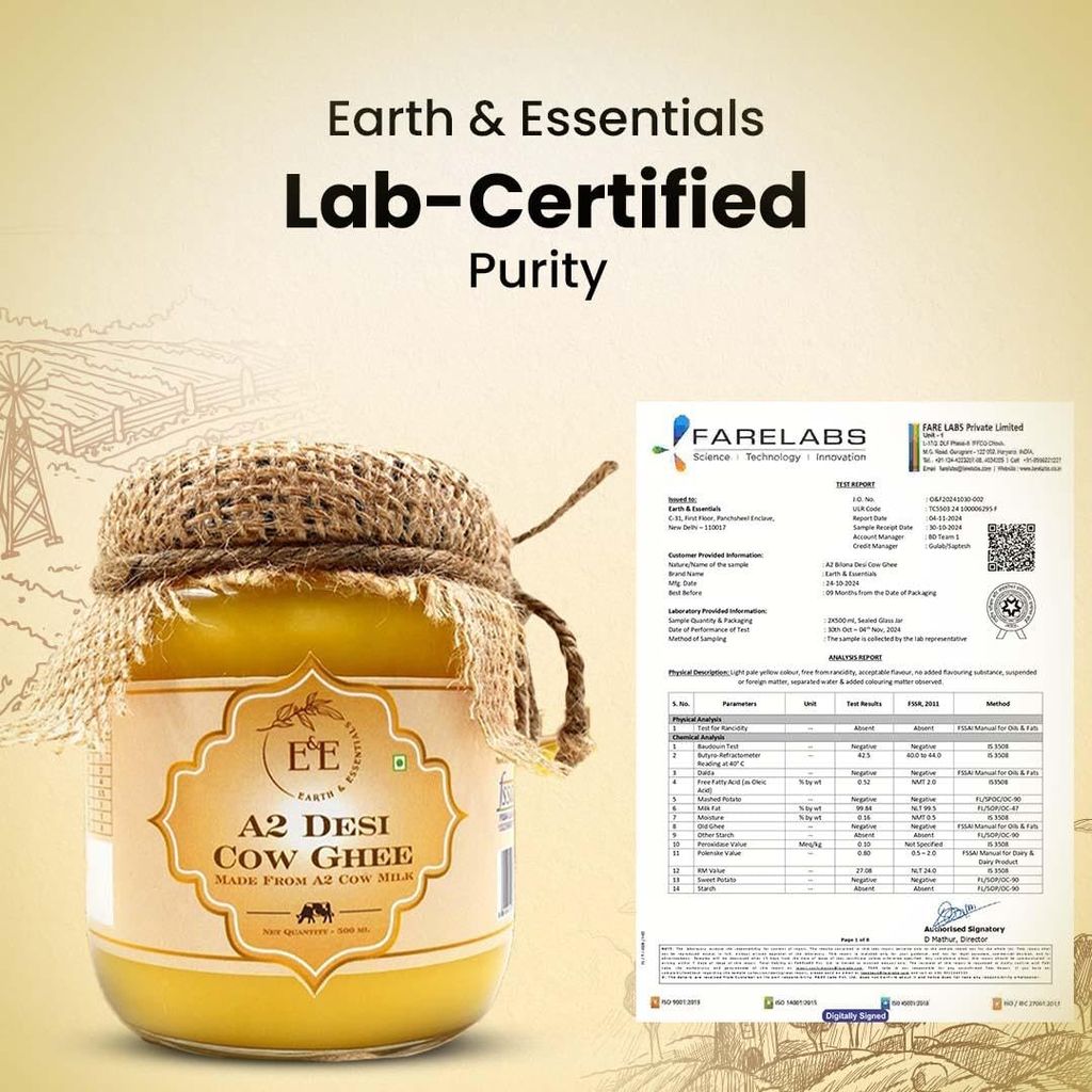Earth and Essentials A2 Bilona Desi Cow Ghee (500ml) - 100% Pure & Healthy Farm Fresh Gir Cow Ghee | Rich in Nutrients & Antioxidant I Lab Tested I Boost Immunity, Easy to Digest, Lowers Cholesterol