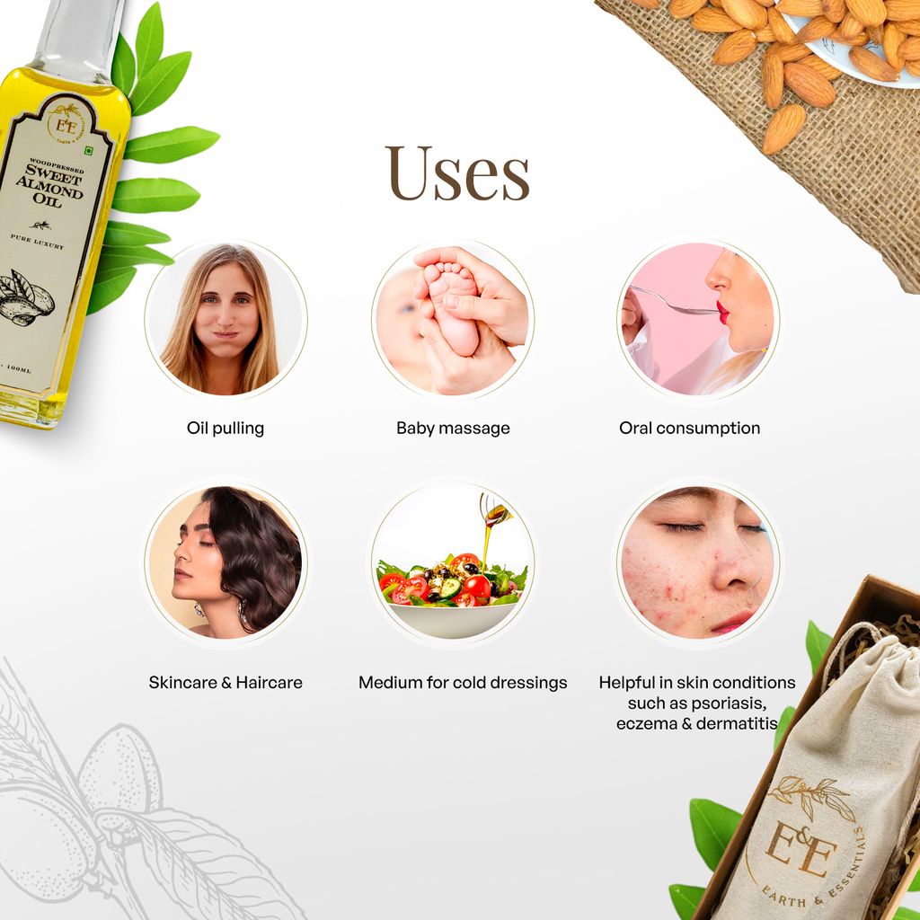 Earth and Essentials Woodpressed Almond Oil (100ml) | Kashmiri Mamra Badam Tel for Skin & Haircare | 100% Pure & Unrefined | Lab Certified | Vitamin E & Antioxidant | Baby Massage & Culinary Use