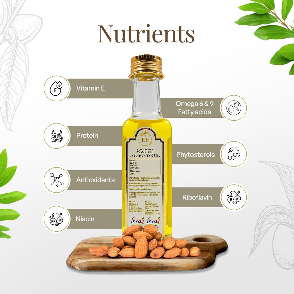 Earth and Essentials Woodpressed Almond Oil (100ml) | Kashmiri Mamra Badam Tel for Skin & Haircare | 100% Pure & Unrefined | Lab Certified | Vitamin E & Antioxidant | Baby Massage & Culinary Use