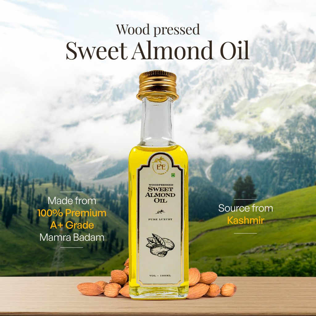 Earth and Essentials Woodpressed Almond Oil (100ml) | Kashmiri Mamra Badam Tel for Skin & Haircare | 100% Pure & Unrefined | Lab Certified | Vitamin E & Antioxidant | Baby Massage & Culinary Use