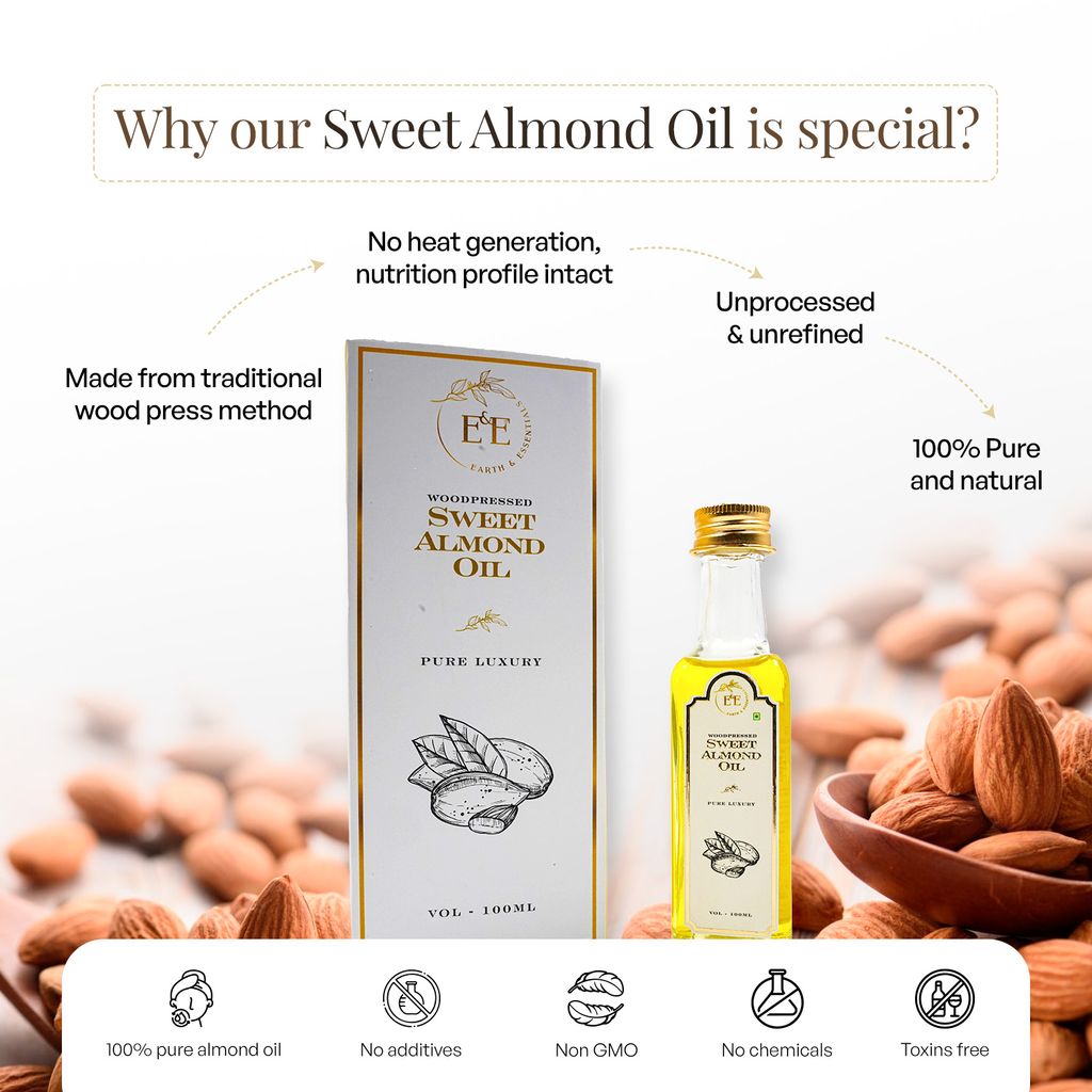 Earth and Essentials Woodpressed Almond Oil (100ml) | Kashmiri Mamra Badam Tel for Skin & Haircare | 100% Pure & Unrefined | Lab Certified | Vitamin E & Antioxidant | Baby Massage & Culinary Use