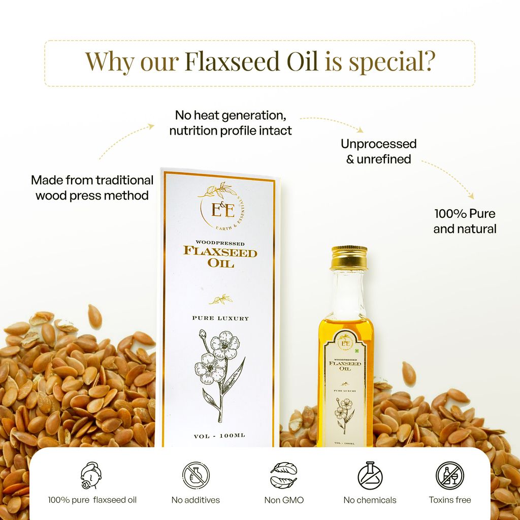 Earth and Essentials Woodpressed Flaxseed Oil (100ml) | Alsi Tel | 100% Pure & Chemical-Free | Lab Certified | Skin & Haircare | Rich in Omega-3 | Support Heart Health & Digestion | Cooking & Oral Use