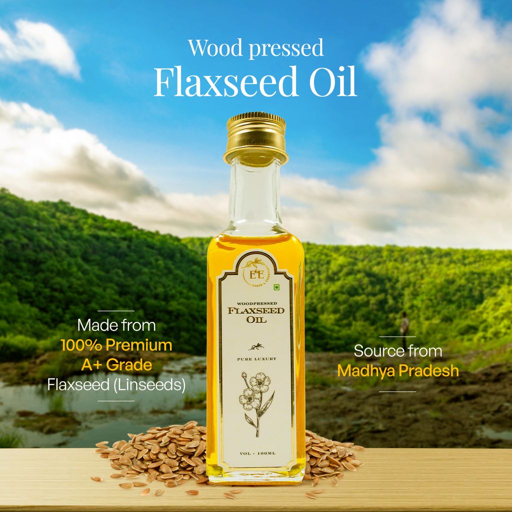 Earth and Essentials Woodpressed Flaxseed Oil (100ml) | Alsi Tel | 100% Pure & Chemical-Free | Lab Certified | Skin & Haircare | Rich in Omega-3 | Support Heart Health & Digestion | Cooking & Oral Use