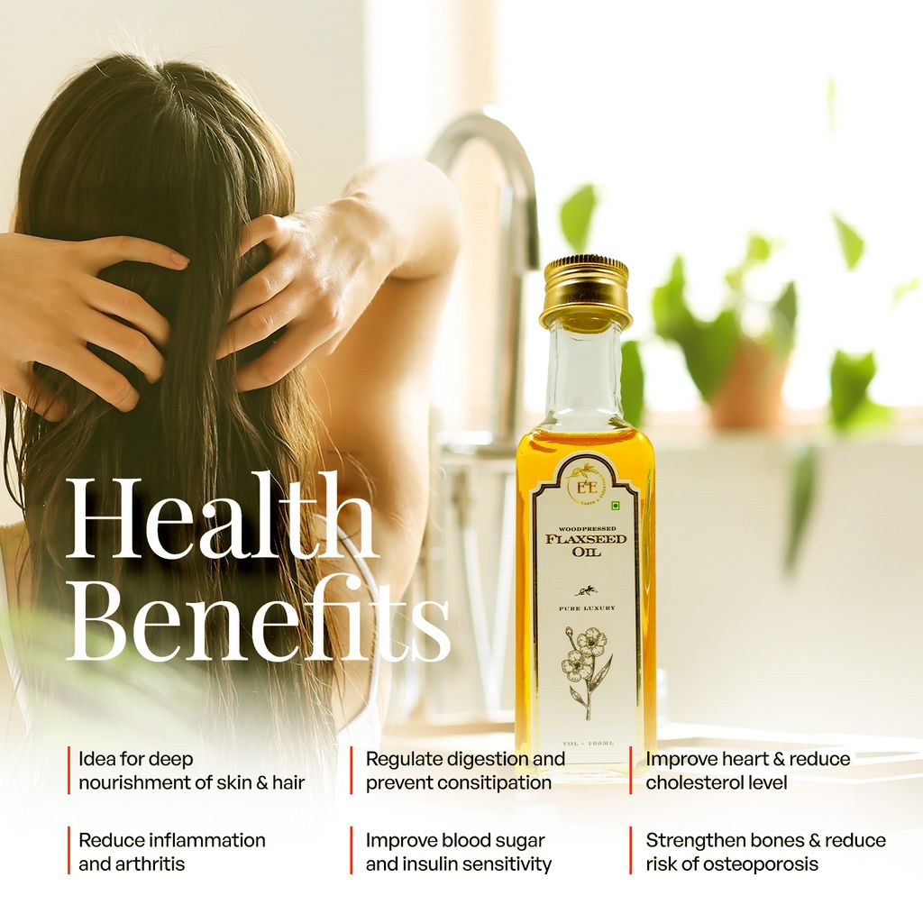 Earth and Essentials Woodpressed Flaxseed Oil (100ml) | Alsi Tel | 100% Pure & Chemical-Free | Lab Certified | Skin & Haircare | Rich in Omega-3 | Support Heart Health & Digestion | Cooking & Oral Use