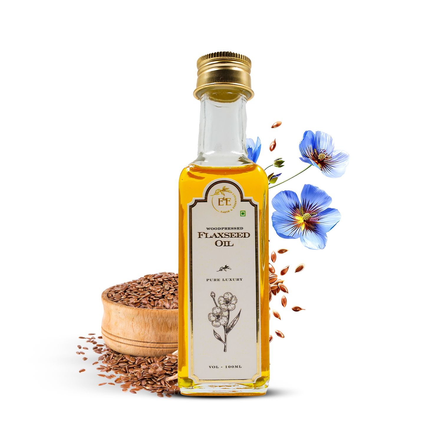 Earth and Essentials Woodpressed Flaxseed Oil (100ml) | Alsi Tel | 100% Pure & Chemical-Free | Lab Certified | Skin & Haircare | Rich in Omega-3 | Support Heart Health & Digestion | Cooking & Oral Use