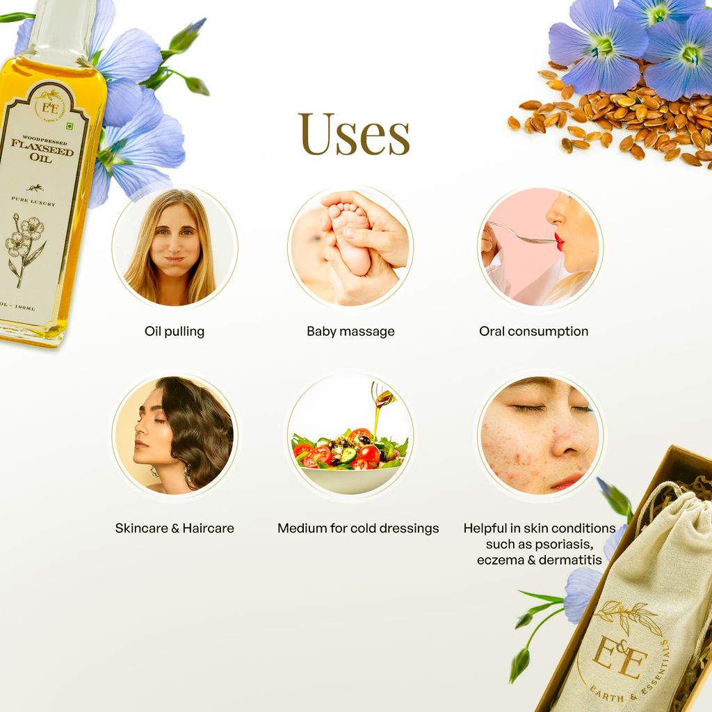 Earth and Essentials Woodpressed Flaxseed Oil (100ml) | Alsi Tel | 100% Pure & Chemical-Free | Lab Certified | Skin & Haircare | Rich in Omega-3 | Support Heart Health & Digestion | Cooking & Oral Use