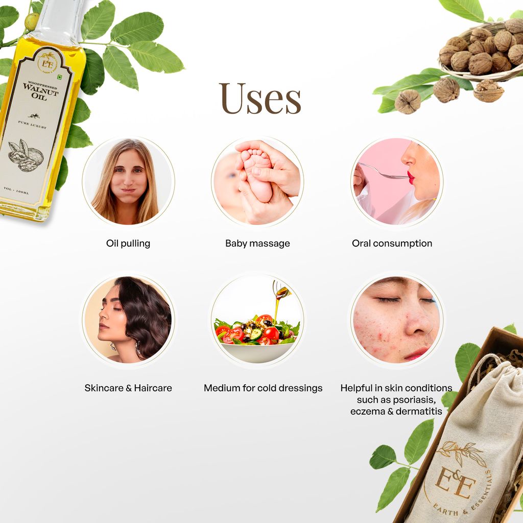 Earth and Essentials Woodpressed Walnut Oil (100ml) | Kashmiri Akhrot Virgin Edible Tel | 100% Pure & Unrefined | Lab Certified | Omega-3 & Antioxidant | Skin & Haircare | Support Heart & Brain Health