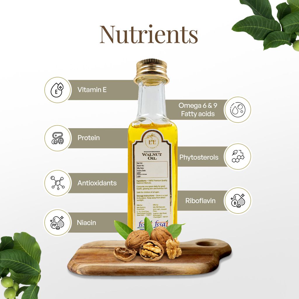 Earth and Essentials Woodpressed Walnut Oil (100ml) | Kashmiri Akhrot Virgin Edible Tel | 100% Pure & Unrefined | Lab Certified | Omega-3 & Antioxidant | Skin & Haircare | Support Heart & Brain Health