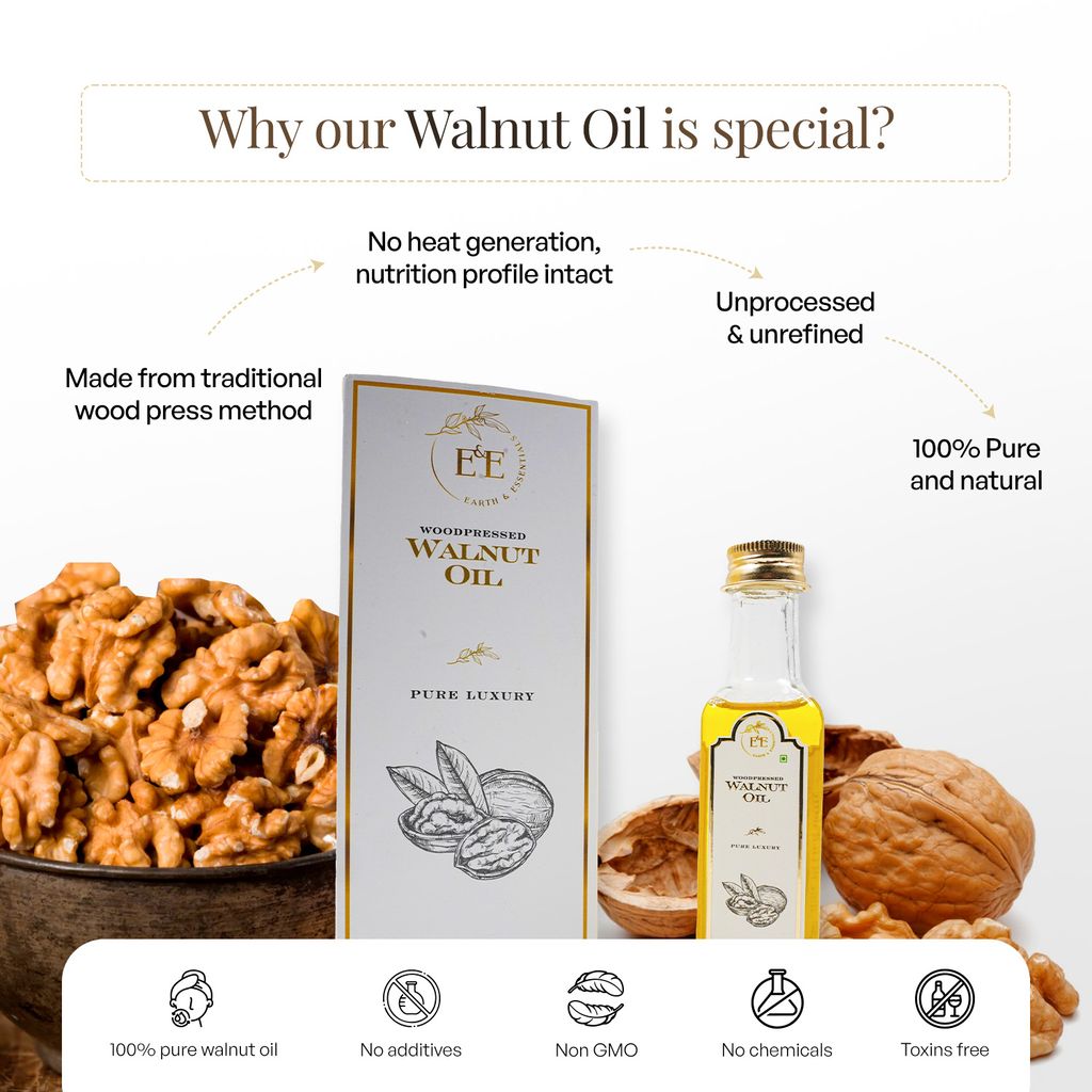 Earth and Essentials Woodpressed Walnut Oil (100ml) | Kashmiri Akhrot Virgin Edible Tel | 100% Pure & Unrefined | Lab Certified | Omega-3 & Antioxidant | Skin & Haircare | Support Heart & Brain Health