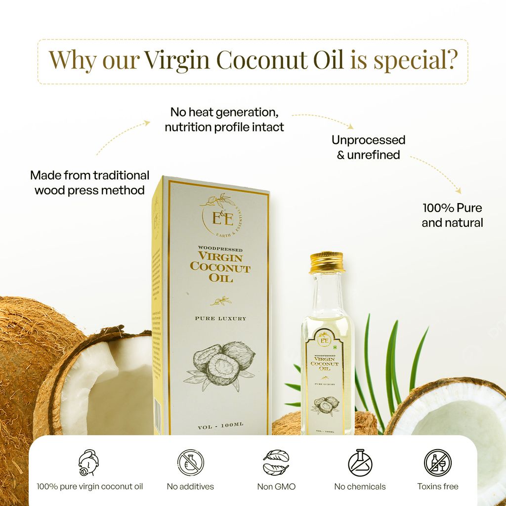 Earth and Essentials Woodpressed Virgin Coconut Oil (100ml) | Nariyal Tel | 100% Pure & Chemical-Free | Lab Certified | Rich in MCT & Vitamin E | Skin & Haircare | Baby Massage, Oil Pulling & Cooking