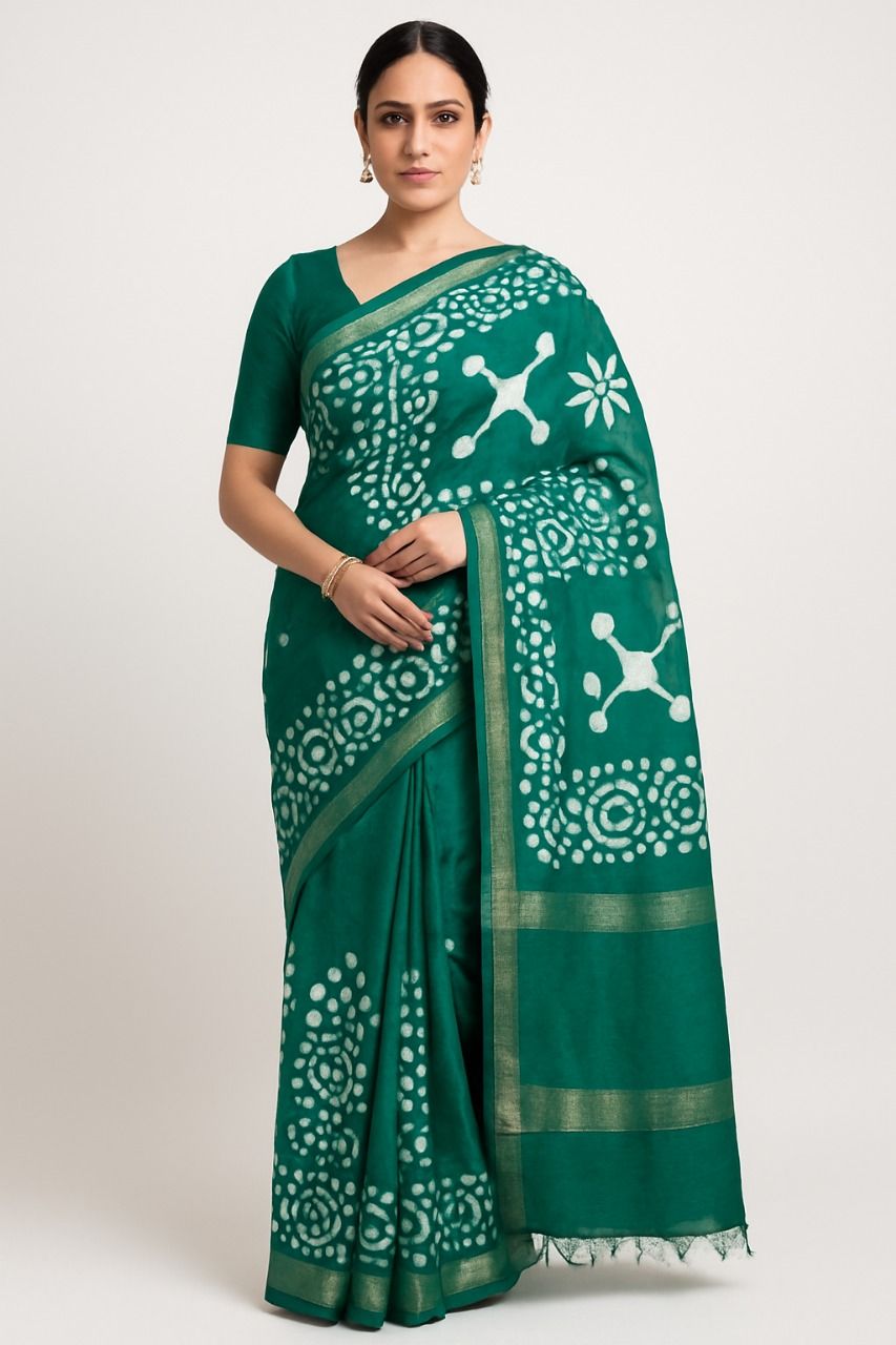 Green Batik Print Saree with Gold Border