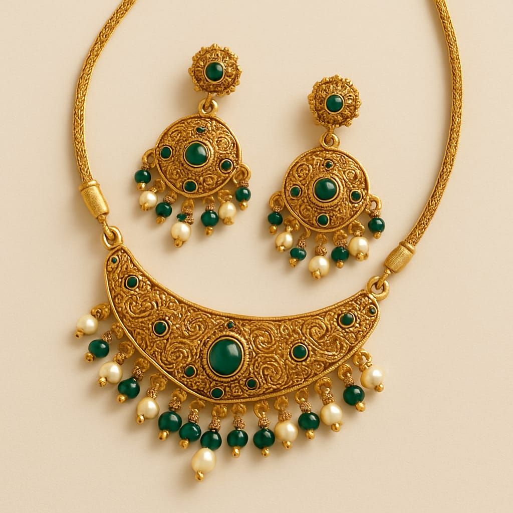 Traditional Gold-Toned Imitation Jewelry Set with Green Stones & Pearls