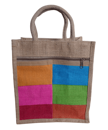 Eco-Friendly Jute Tote Bag with Colorful Patchwork Design
