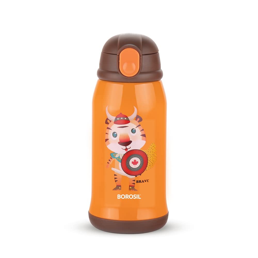 Borosil Tigry 500 ml Stainless Steel Kids Sipper Water Bottle | Double Wall Vacuum Insulated Flask | 12 Hours Hot & Cold | 1 Year Warranty, Orange