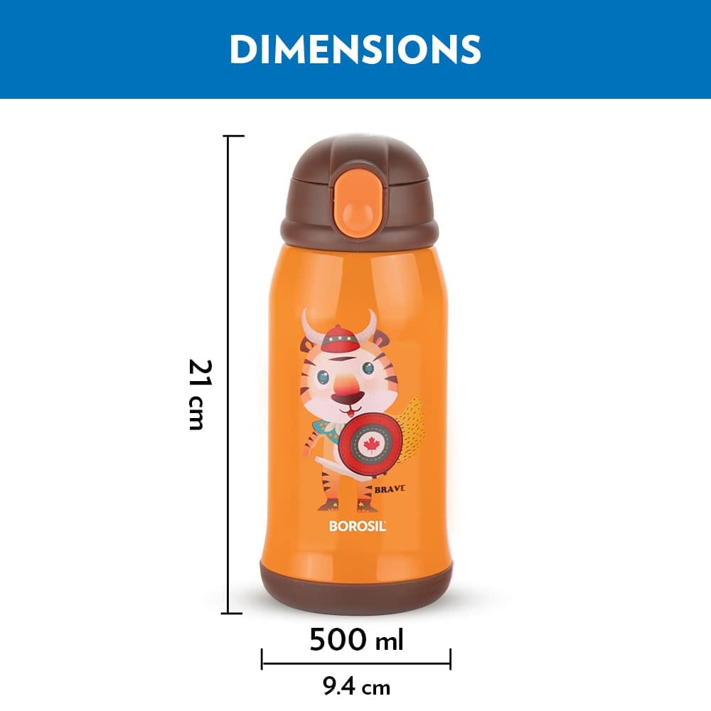 Borosil Tigry 500 ml Stainless Steel Kids Sipper Water Bottle | Double Wall Vacuum Insulated Flask | 12 Hours Hot & Cold | 1 Year Warranty, Orange