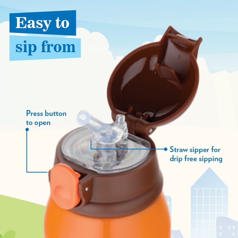 Borosil Tigry 500 ml Stainless Steel Kids Sipper Water Bottle | Double Wall Vacuum Insulated Flask | 12 Hours Hot & Cold | 1 Year Warranty, Orange