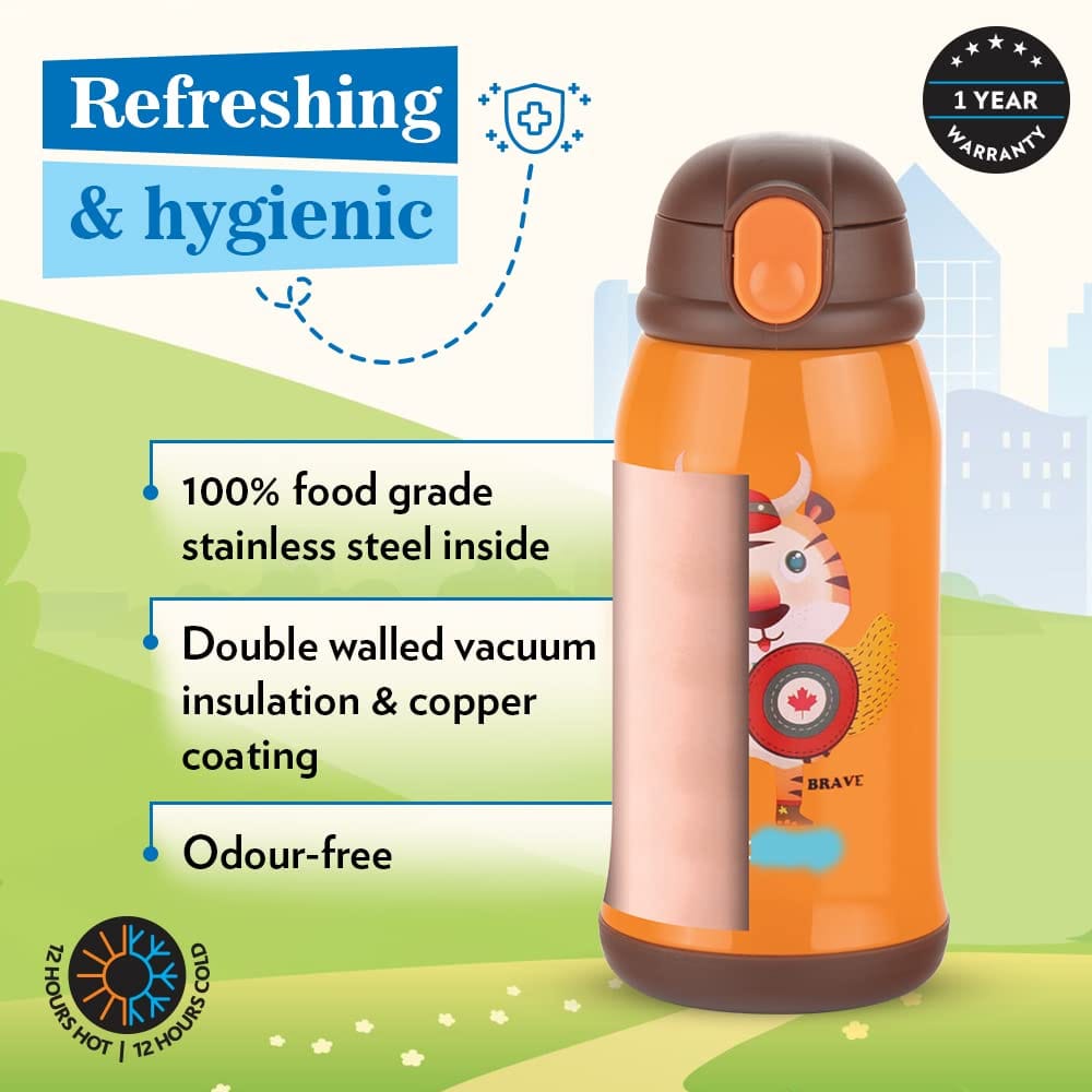Borosil Tigry 500 ml Stainless Steel Kids Sipper Water Bottle | Double Wall Vacuum Insulated Flask | 12 Hours Hot & Cold | 1 Year Warranty, Orange