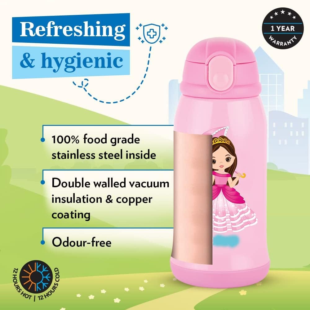 Borosil Princess 500 ml Stainless Steel Kids Sipper Water Bottle | 12 Hours Hot & Cold | Pink