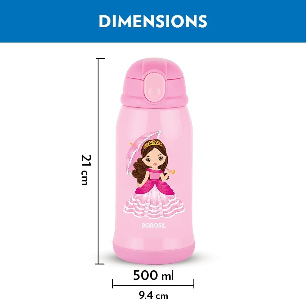 Borosil Princess 500 ml Stainless Steel Kids Sipper Water Bottle | 12 Hours Hot & Cold | Pink