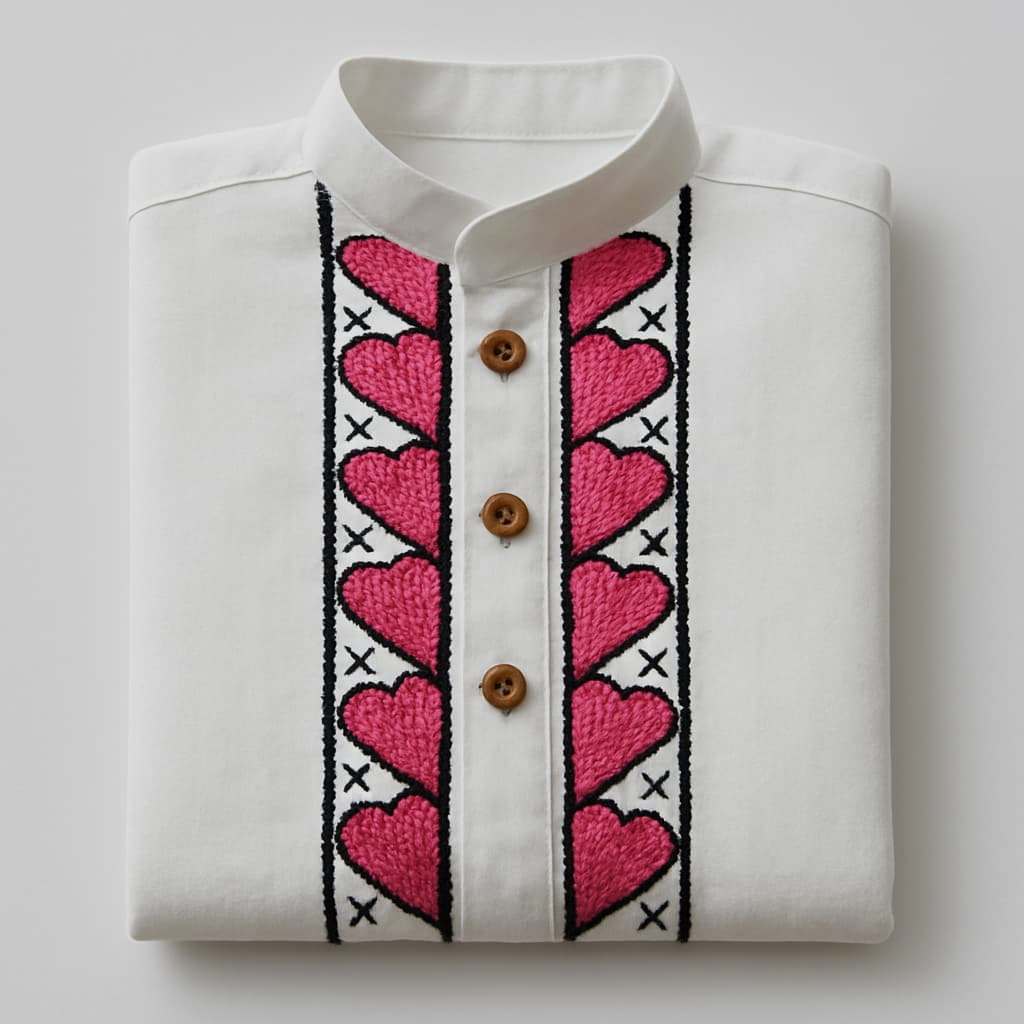 Embroidered White Kurta with Pink Heart Design