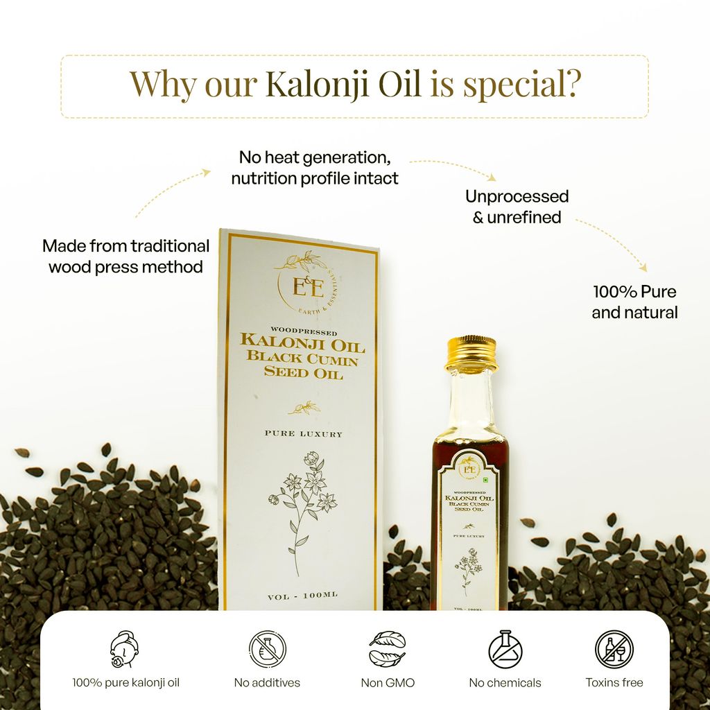 Earth and Essentials Woodpressed Kalonji Oil (100ml) | Black Cumin Seed Tel | 100% Pure & Chemical-Free | Lab Certified | Omega 3-6-9 & Antioxidant | Controls Dandruff & Frizziness | Regrow Hair Fast