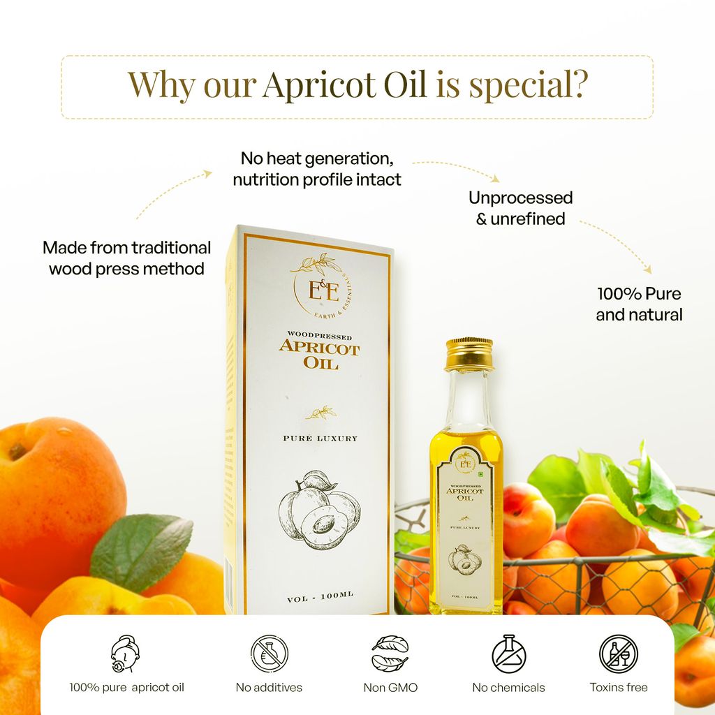 Earth and Essentials Woodpressed Apricot Oil (100ml) | Himachal Khubani Extra Virgin Tel for Skin & Haircare | 100% Pure & Unrefined | Lab Certified | Vitamin E & Antioxidant | Baby Massage & Culinary